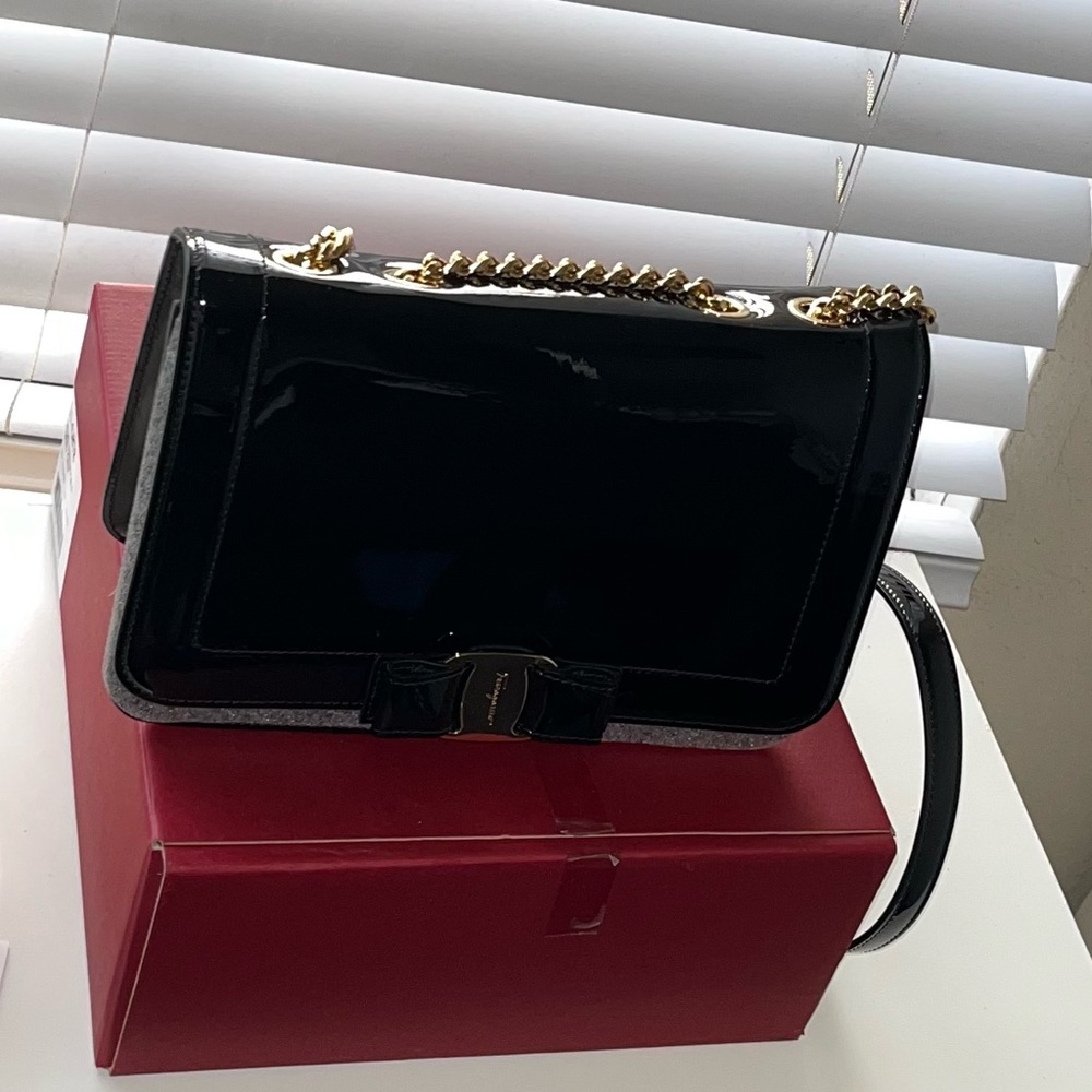 Ferragamo Black Patent Bow Purse